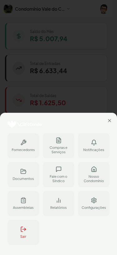 V3RCondo aberto no celular, com o menu de navegação expandido